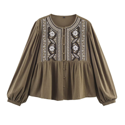 Camisa de mujer Otoño Artística Étnica con Cuello Redondo y Bordado en el Pecho