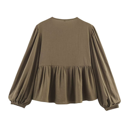 Camisa de mujer Otoño Artística Étnica con Cuello Redondo y Bordado en el Pecho