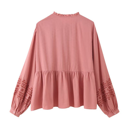 Women Clothing Long Sleeve Contrast Color Embroidered Shirt