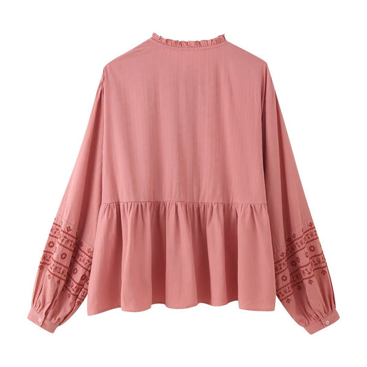 Women Clothing Long Sleeve Contrast Color Embroidered Shirt