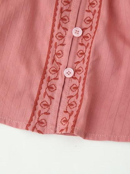 Women Clothing Long Sleeve Contrast Color Embroidered Shirt