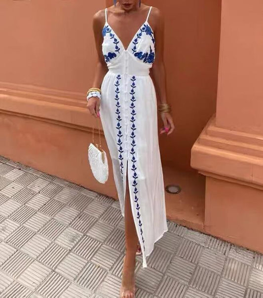 Vestido maxi de playa de vacaciones con túnica fresca dulce de industria pesada bordada de otoño