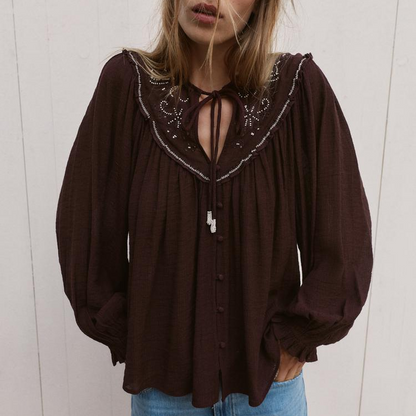 Chemise à manches longues décontractée brodée et perlée pour femme