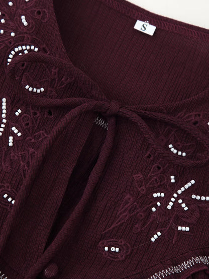 Chemise à manches longues décontractée brodée et perlée pour femme