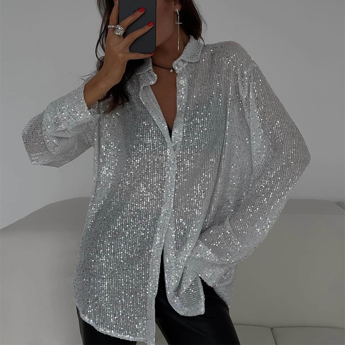 Spring Summer Sequin Top Collared Long Sleeve Cardigan Basic Women Clothing - Wanita Store