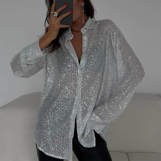 Spring Summer Sequin Top Collared Long Sleeve Cardigan Basic Women Clothing - Wanita Store