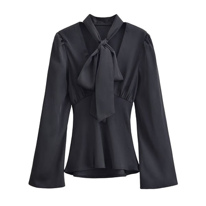 Women Clothing Winter Elegant Silk Satin Texture V neck Scarf Shirt - Wanita Store