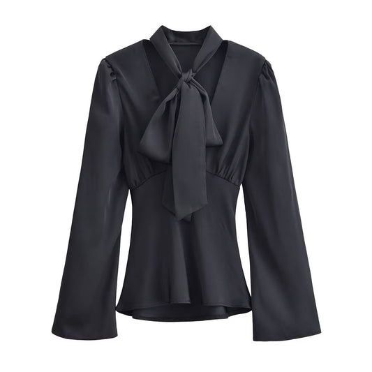 Women Clothing Winter Elegant Silk Satin Texture V neck Scarf Shirt - Wanita Store