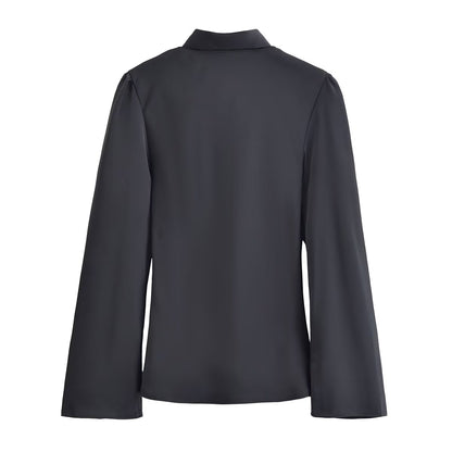 Women Clothing Winter Elegant Silk Satin Texture V neck Scarf Shirt - Wanita Store
