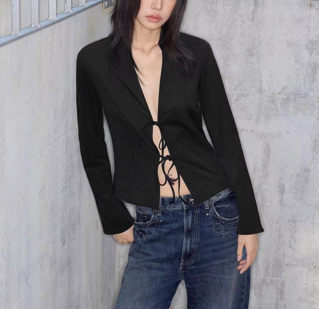 Women Clothing Winter Graceful Fashionable Suede Effect Long Sleeve Lace up Shirt - Wanita Store