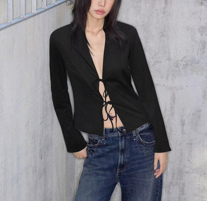 Women Clothing Winter Graceful Fashionable Suede Effect Long Sleeve Lace up Shirt - Wanita Store