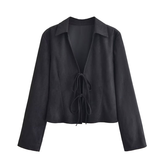Women Clothing Winter Graceful Fashionable Suede Effect Long Sleeve Lace up Shirt - Wanita Store