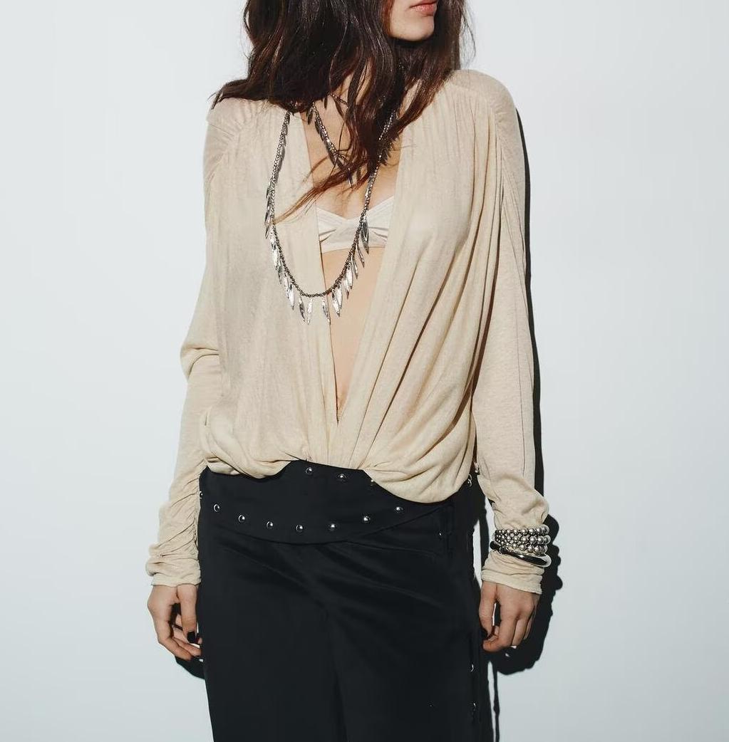 Women Clothing Winter Deep V Plunge neck Slimming Pleated Long Sleeved T shirt Top - Wanita Store
