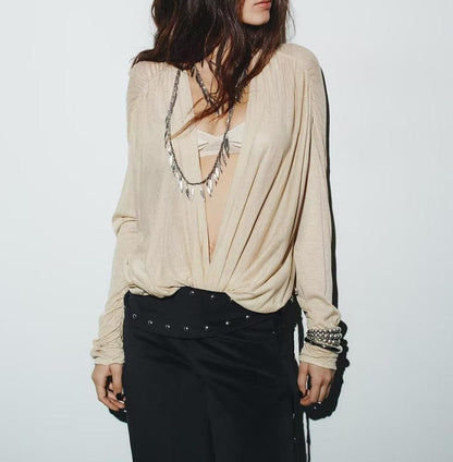 Women Clothing Winter Deep V Plunge neck Slimming Pleated Long Sleeved T shirt Top - Wanita Store