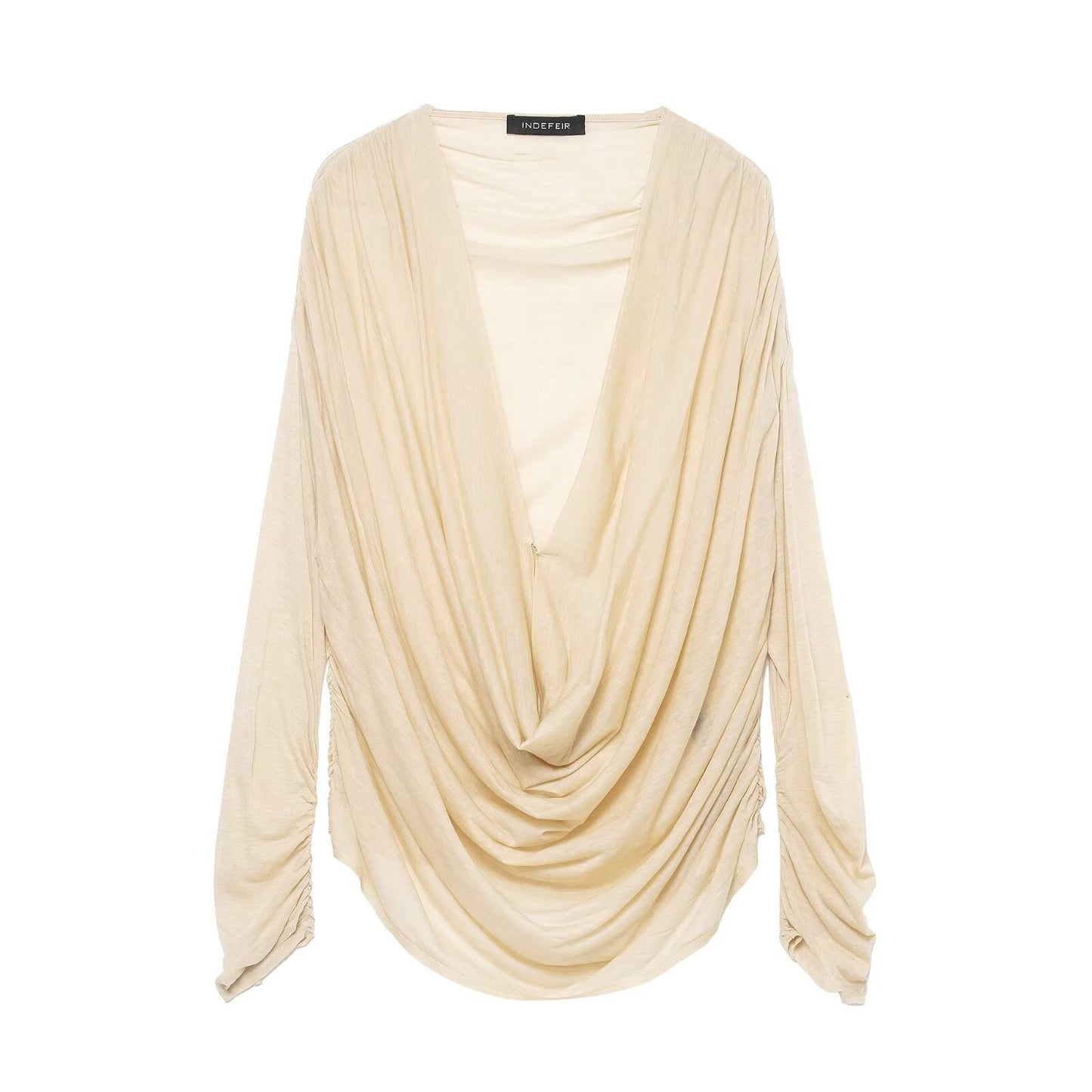 Women Clothing Winter Deep V Plunge neck Slimming Pleated Long Sleeved T shirt Top - Wanita Store