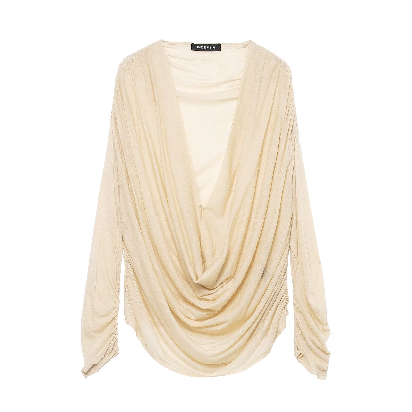Women Clothing Winter Deep V Plunge neck Slimming Pleated Long Sleeved T shirt Top - Wanita Store