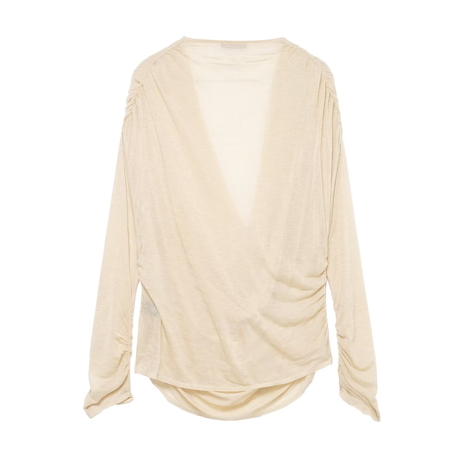 Women Clothing Winter Deep V Plunge neck Slimming Pleated Long Sleeved T shirt Top - Wanita Store