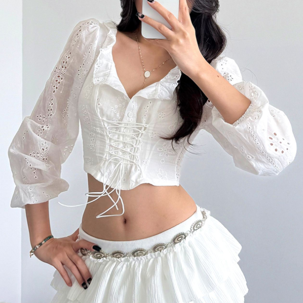 Women Clothing Autumn Sexy Crochet Stringy Selvedge Lace up Cropped Long Sleeve T shirt Top Women - Wanita Store
