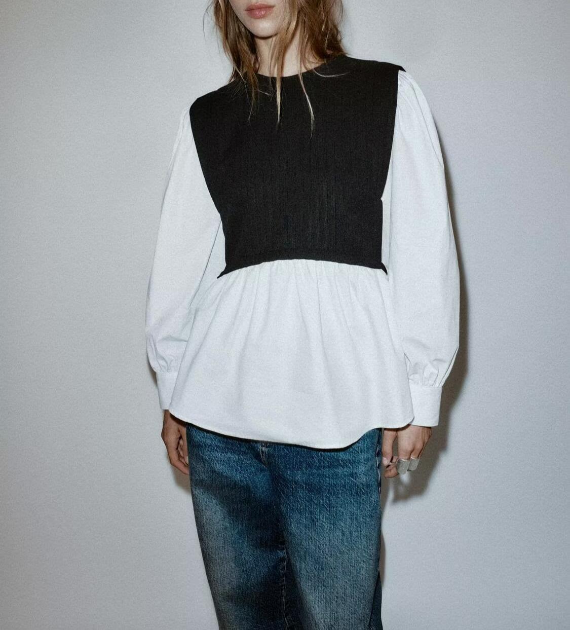 Women Clothing Winter Korean Simple Graceful Color Contrast Patchwork Faux Two Piece Top - Wanita Store