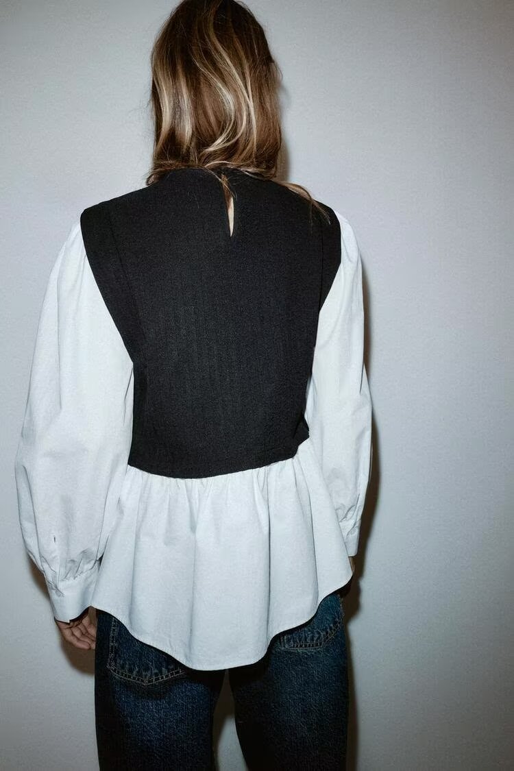 Women Clothing Winter Korean Simple Graceful Color Contrast Patchwork Faux Two Piece Top - Wanita Store