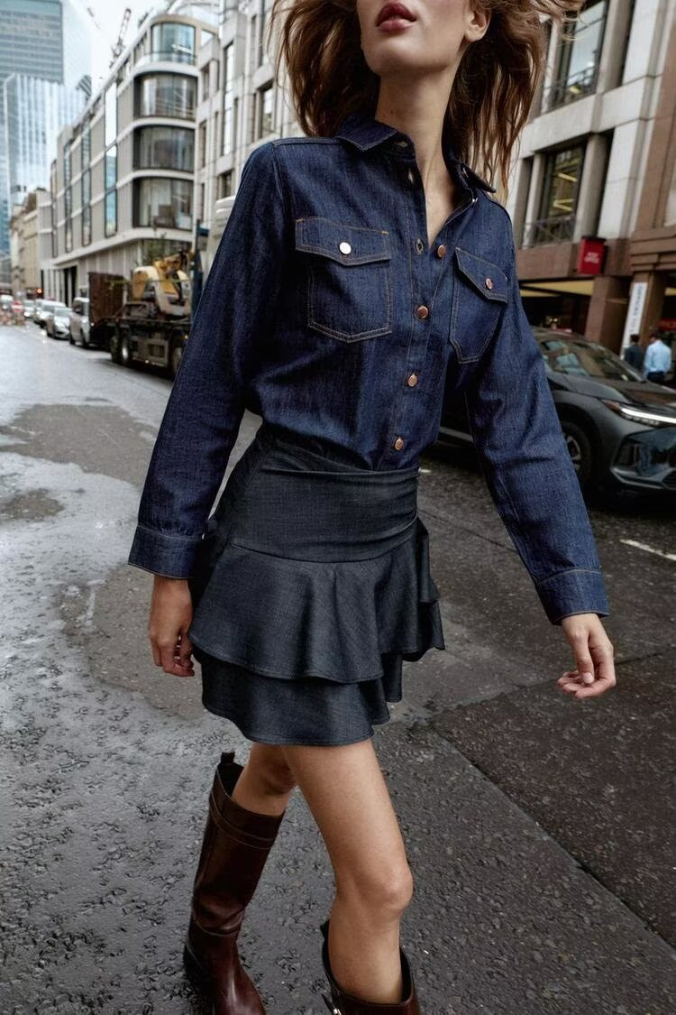 Sexy Antique Dark Blue Denim Shirt Women Autumn Polo Collar Loose Single Breasted Long Sleeve Top - Wanita Store