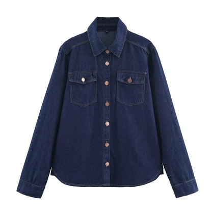 Sexy Antique Dark Blue Denim Shirt Women Autumn Polo Collar Loose Single Breasted Long Sleeve Top - Wanita Store