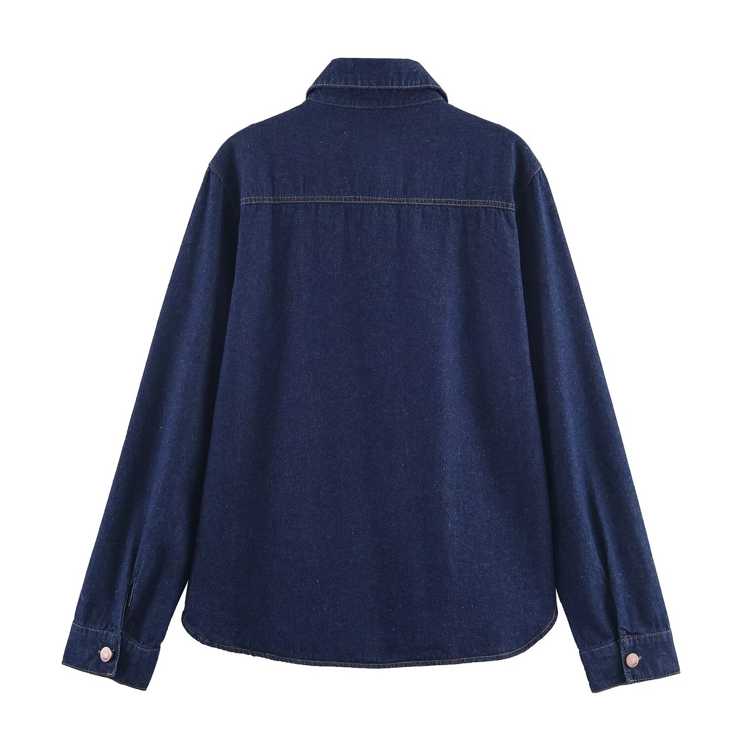 Sexy Antique Dark Blue Denim Shirt Women Autumn Polo Collar Loose Single Breasted Long Sleeve Top - Wanita Store