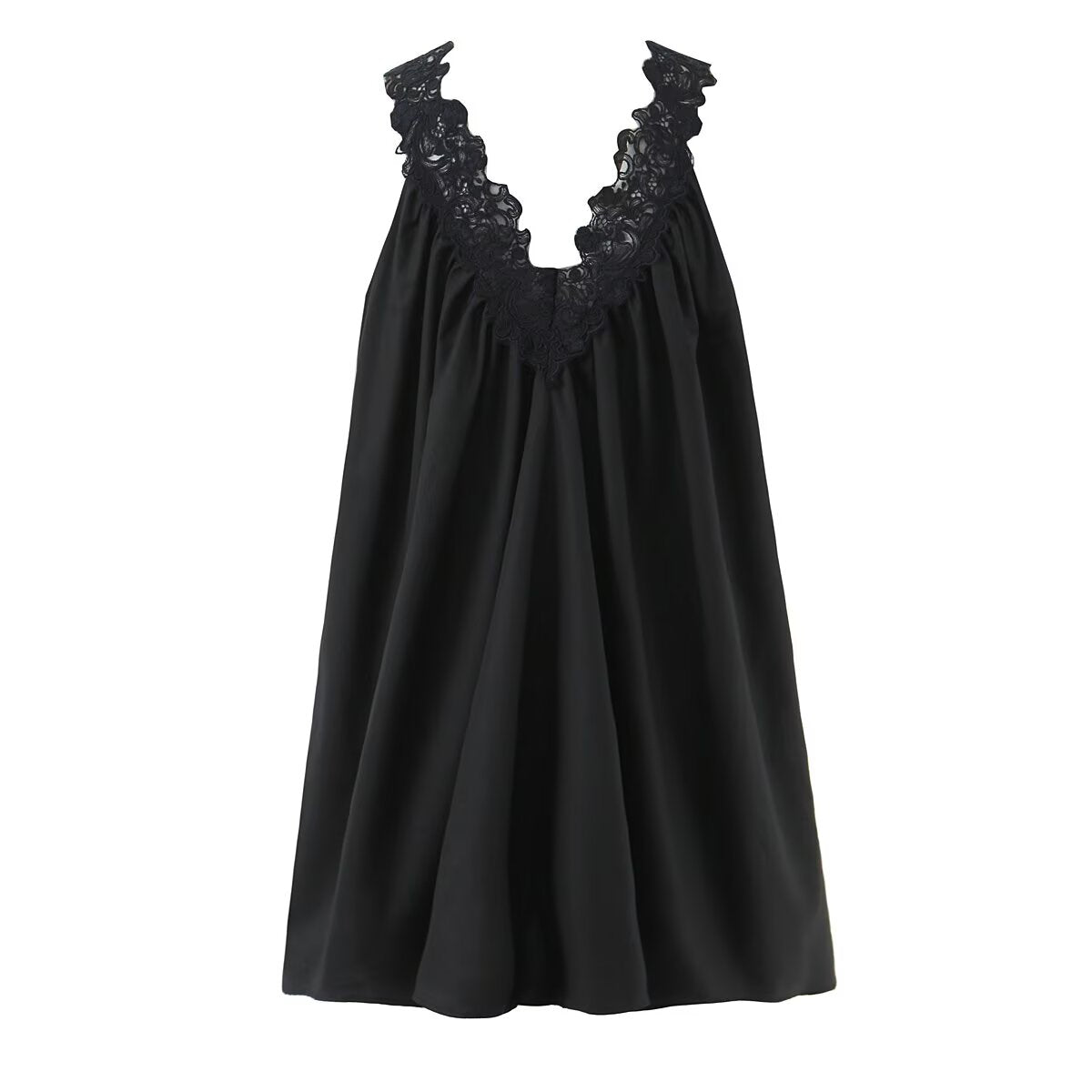 Vestido sexy sin mangas con cuello de pico, encaje y diseño de volantes
