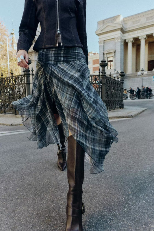Women Clothing Autumn Beautiful Mid Waist Asymmetric Plaid Irregular Asymmetric Skirt Women
