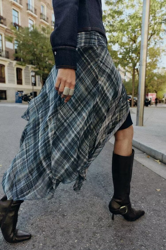Women Clothing Autumn Beautiful Mid Waist Asymmetric Plaid Irregular Asymmetric Skirt Women
