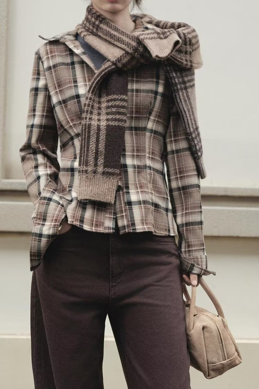 Women Clothing Top Product Slim Fit Plaid Shirt - Wanita Store