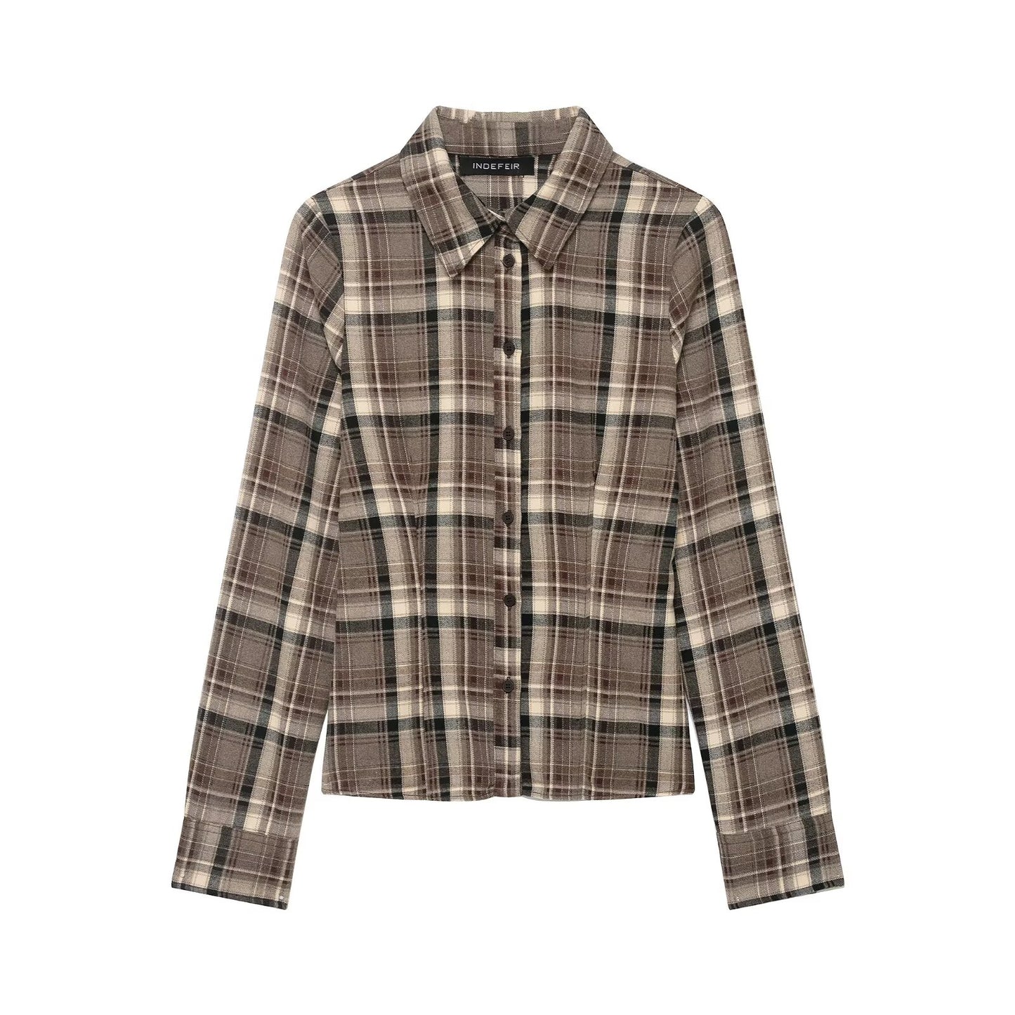 Women Clothing Top Product Slim Fit Plaid Shirt - Wanita Store