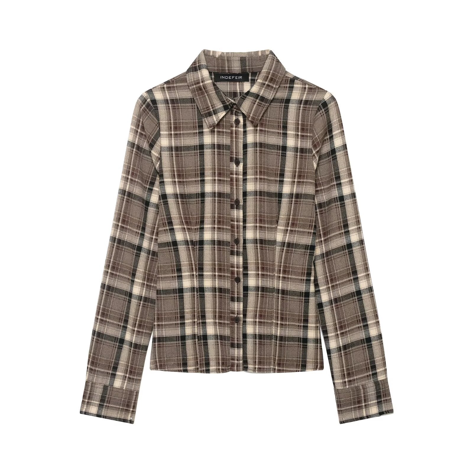 Women Clothing Top Product Slim Fit Plaid Shirt - Wanita Store