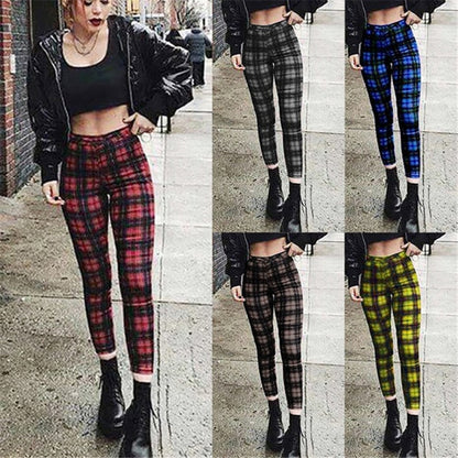 Popular Plaid High Waist Leggings Women Casual Pants Stretch Feet Pants Pencil Pants - Wanita Store