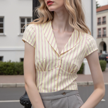 Casual Pleated Tops French Women Striped Button Small Short Sleeve Shirt - Wanita Store