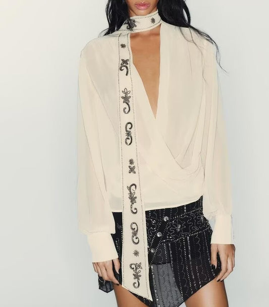 Women Clothing Georgette Beaded Scarf Shirt Top - Wanita Store