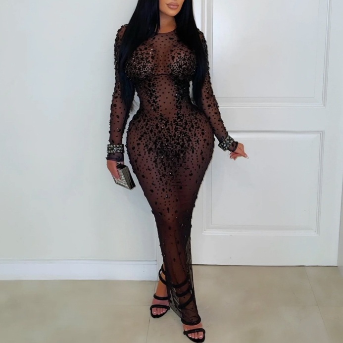 Femmes Robe Fourreau Transparente en Mesh avec Strass Sexy