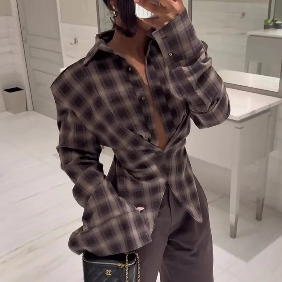 Winter Women Clothing Personalized Waist Design Retro Plaid Shirt - Wanita Store