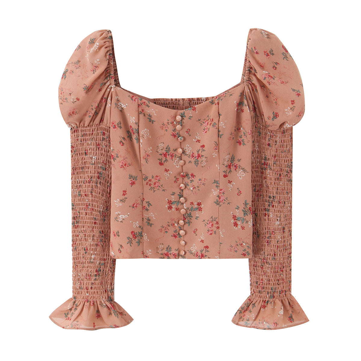Women Early Spring Floral Printed Sexy Square Collar Slimming Elastic Puff Sleeve Shirt - Wanita Store