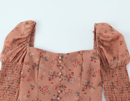 Women Early Spring Floral Printed Sexy Square Collar Slimming Elastic Puff Sleeve Shirt - Wanita Store