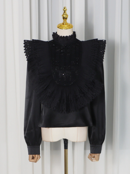 Sweet Design Blouse Women Winter Pleated Hollow Out Cutout out Sequin High Grade Long Sleeved Shirt - Wanita Store