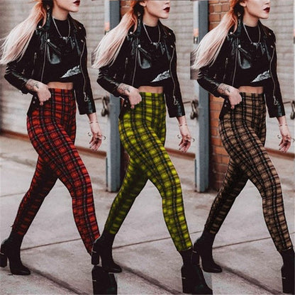 Popular Plaid High Waist Leggings Women Casual Pants Stretch Feet Pants Pencil Pants - Wanita Store