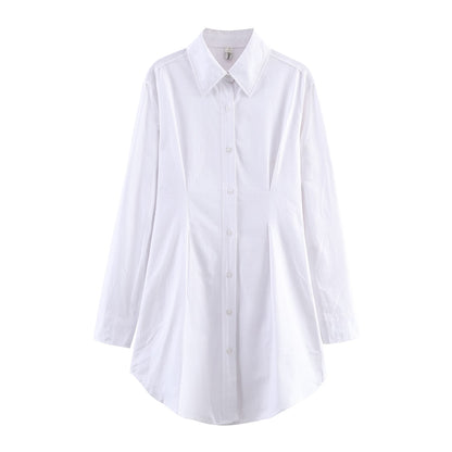 Women Clothing Fall Winter Polo Collar Solid Color Waist Controlled Long Sleeves Single Breasted Shirt Women - Wanita Store