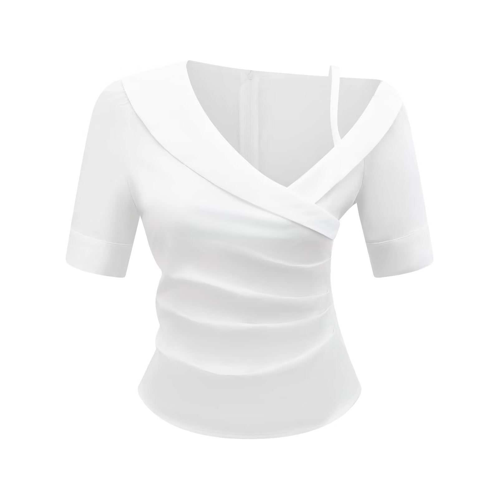 Pleated Design Summer White Short Sleeve Shirt Slim Fit Slim Fit Top - Wanita Store