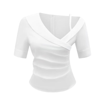 Pleated Design Summer White Short Sleeve Shirt Slim Fit Slim Fit Top - Wanita Store