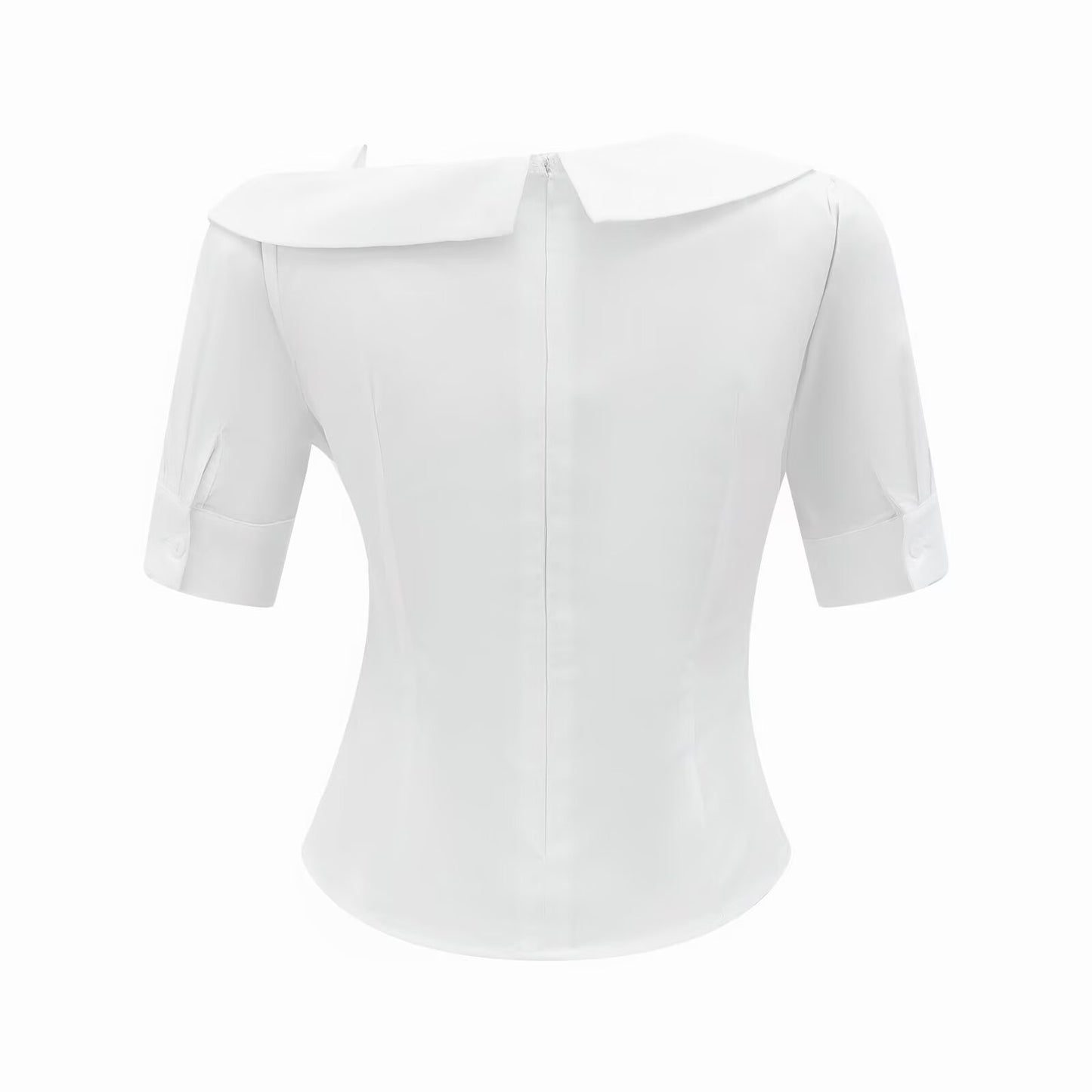 Pleated Design Summer White Short Sleeve Shirt Slim Fit Slim Fit Top - Wanita Store