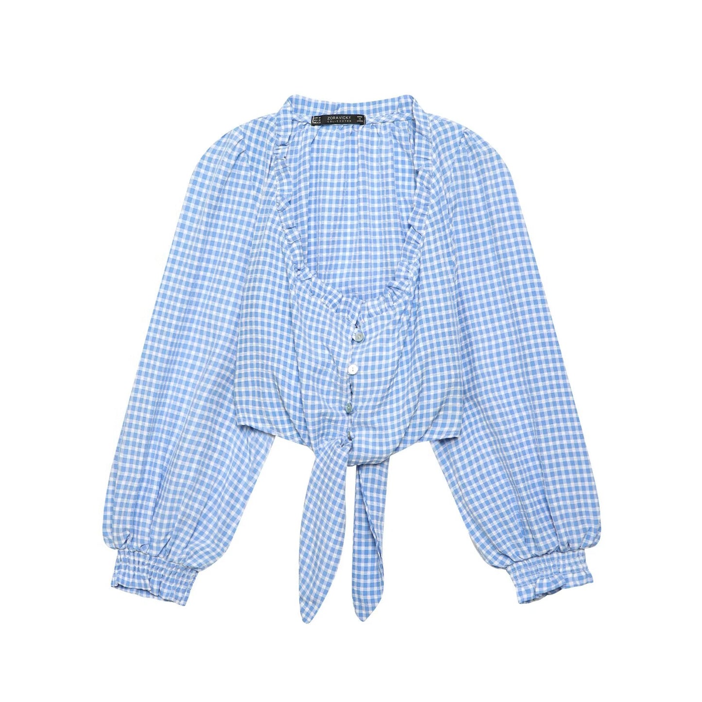 Women Clothing Spring Sexy Square Collar Blue Plaid Short Long Sleeve Top - Wanita Store