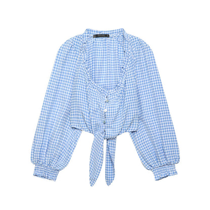 Women Clothing Spring Sexy Square Collar Blue Plaid Short Long Sleeve Top - Wanita Store