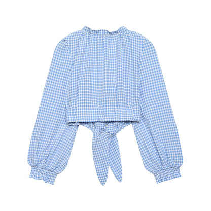 Women Clothing Spring Sexy Square Collar Blue Plaid Short Long Sleeve Top - Wanita Store