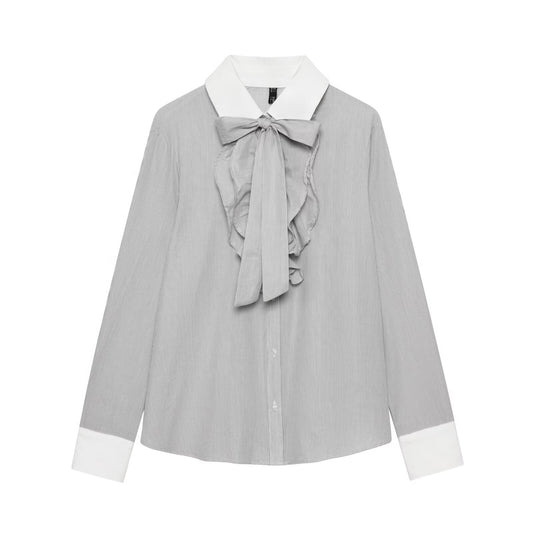 Women Clothing Western Bow Decoration Striped Stitching Shirt - Wanita Store